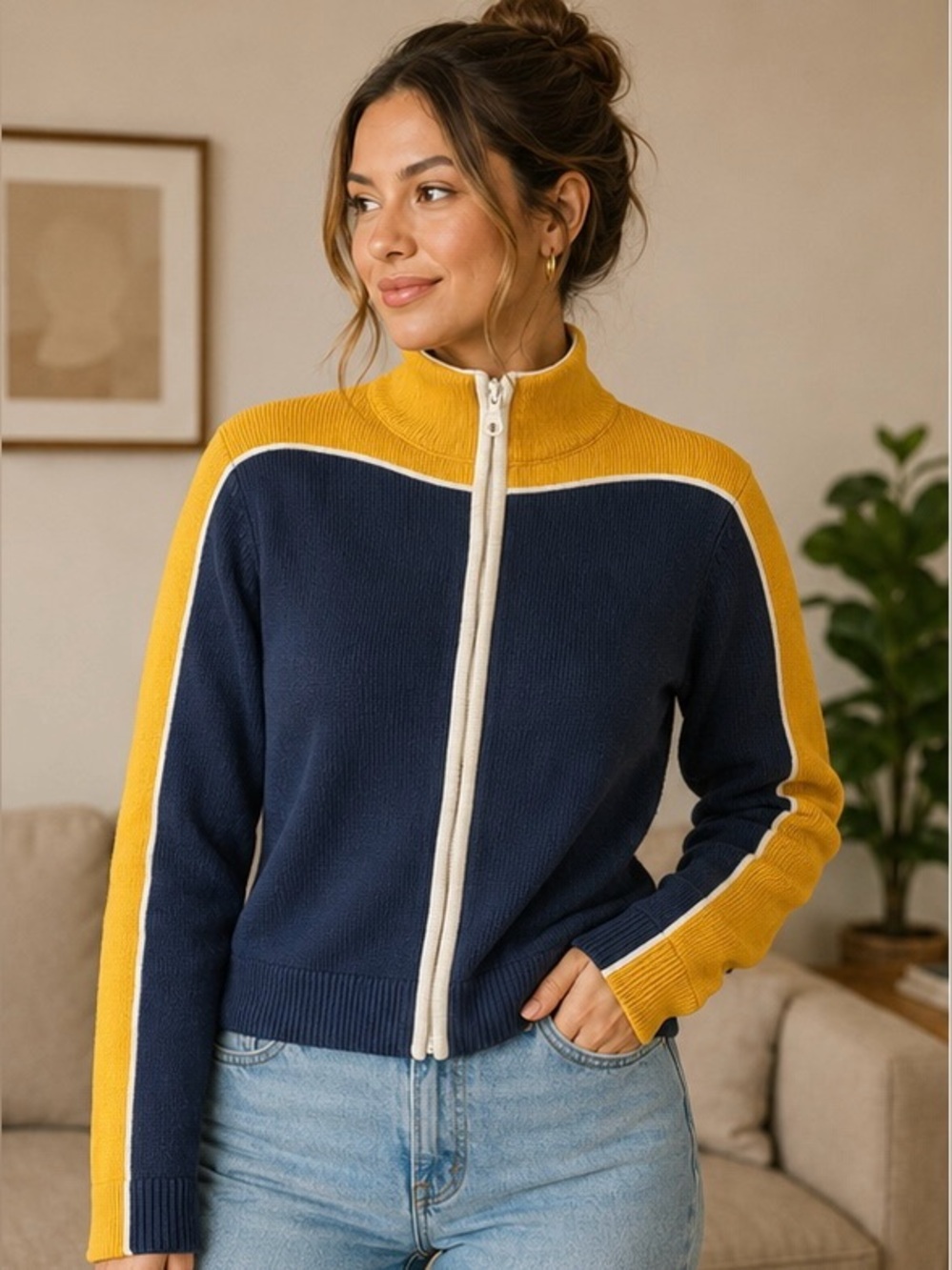 Twik by Simons Full Zip Knit Sweater Women’s Large Navy Yellow Colourblock